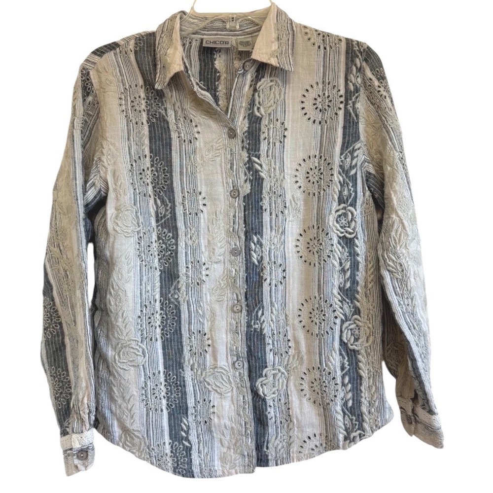 Chicos Linen Embroidered Eyelet Striped Button Down Shirt Size 1 Neutral Floral